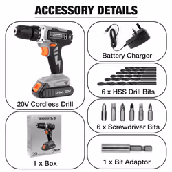 Terratek Cordless Drill Driver 20V Combi Electric Screwdriver Set