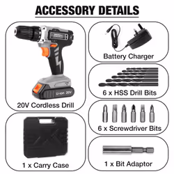 Terratek+ Cordless Drill 20V Li-Ion Electric Rechargeable Quick Charge