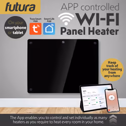 Futura 1000W Black Glass Electric Panel Heater WiFi Wall Mounted