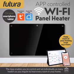 Futura 1500W Black Glass Electric Panel Heater WiFi Wall Mounted