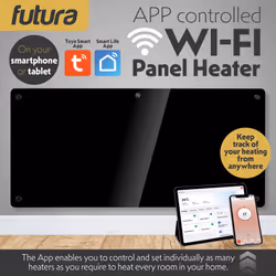 Futura 2000W Black Glass Electric Panel Heater WiFi Wall Mounted