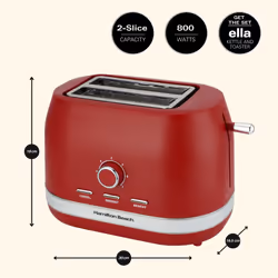 Hamilton Beach Toaster 2 Slice, Ella, 800W, Matte Red, HBT1322MR