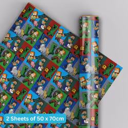 Birthday Wrapping Paper, Minecraft Gift Wrap, 2 Sheets & 2 Tags