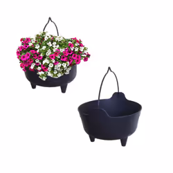 2 Black Plastic Cauldron Planters With Handle Small Round Pot 26cm