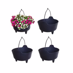 4 Black Plastic Cauldron Planters With Handle Small Round Pot 26cm