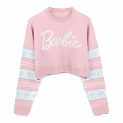 Barbie Cropped Christmas Jumper Womens Snowflakes Fairisle Pink Knitted Sweater - M