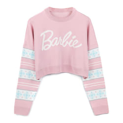 Barbie Cropped Christmas Jumper Womens Snowflakes Fairisle Pink Knitted Sweater - M