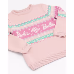Barbie Girls Christmas Jumper Kids Dolls Logo Pink Knitted Xmas Sweater - 11-12 Years
