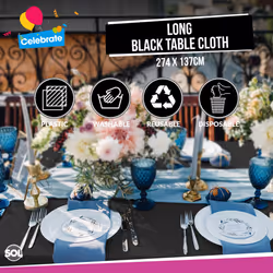 2pk Long Black Table Cloth Party | 274 x 137cm Plastic Table Cover