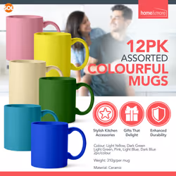 6 Colours Assorted Mugs 330ml 12PK for Coffee, Tea, Hot Choco Mug sets
