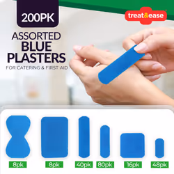 200pk Assorted Blue Plasters Waterproof Catering | First Aid Plasters