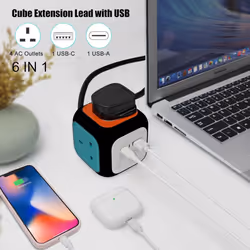 Rubik 4 Gang Cube Style Extension Lead with USB Port and Type C Port 1.5m Cable