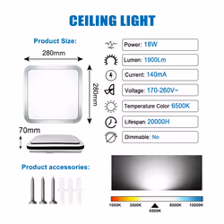 18W LED Square Ceiling Light, Black Edge, 6500K, 1900 Lumen