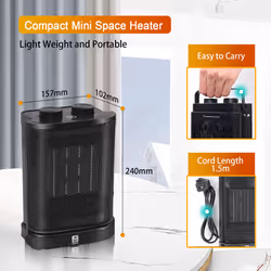 ExtraStar Mini Electric Heater 1500W PTC Ceramic Fan Heater with Overheating and Thermostat Protection Compact Portable Space Tip-over protection