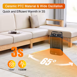 ExtraStar Mini Electric Heater 1500W PTC Ceramic Fan Heater with Overheating and Thermostat Protection Compact Portable Space Tip-over protection