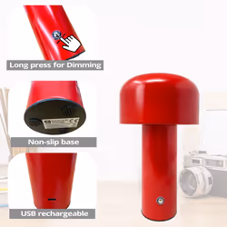 LED Desk Lamp Rechargeable, Mushroom Shape, 3 Colour Change Dimmable, Red