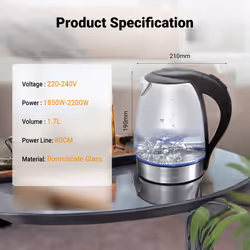 1.7L Durable Glass and Stainless Steel Electric Kettle with LED Indicator Light