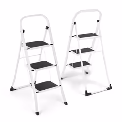 3 Step Ladder Portable Compact Folding Metal Non Slip Stool Heavy Duty Steel - White & Black