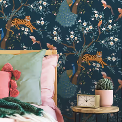 Navy Teal Tropical Wallpaper Tiger Birds Peacock Trees Floral Exotic Jungle