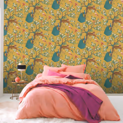 Mustard Tropical Wallpaper Tiger Birds Peacock Trees Floral Exotic Jungle Rasch