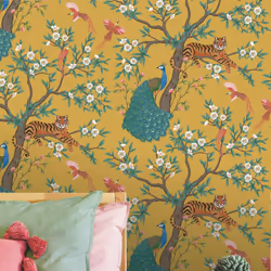 Mustard Tropical Wallpaper Tiger Birds Peacock Trees Floral Exotic Jungle Rasch