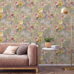 Wildflowers Sage Wallpaper Pink Floral Hand Painted Effect Smooth Matte Finish