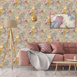 Wildflowers Sage Wallpaper Pink Floral Hand Painted Effect Smooth Matte Finish