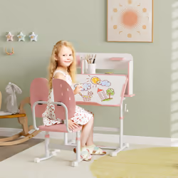 AIYAPLAY Kids Desk and Chair Set w/ Tiltable Desktop, Reading Rack, Pink