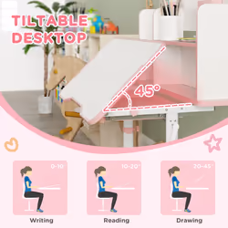 AIYAPLAY Kids Desk and Chair Set w/ Tiltable Desktop, Reading Rack, Pink
