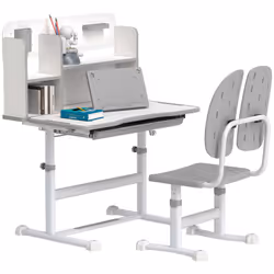 AIYAPLAY Kids Desk and Chair Set w/ Tiltable Desktop, Reading Rack, Grey