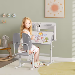 AIYAPLAY Kids Desk and Chair Set w/ Tiltable Desktop, Reading Rack, Grey