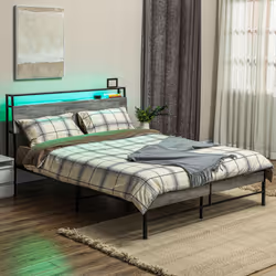 HOMCOM LED King Bed Frame with Charging Station, 150 x 200cm, Cement Grey