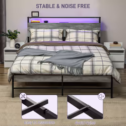 HOMCOM LED King Bed Frame with Charging Station, 150 x 200cm, Cement Grey