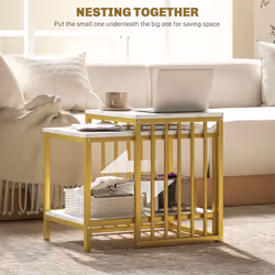 HOMCOM Modern Coffee Table Set of Two w/ Steel Frame Marble-Effect Gold Tone
