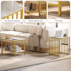 HOMCOM Modern Coffee Table Set of Two w/ Steel Frame Marble-Effect Gold Tone - Additional view 4