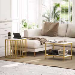 HOMCOM Modern Coffee Table Set of Two w/ Steel Frame Marble-Effect Gold Tone - Additional view 6