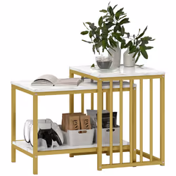 HOMCOM Modern Coffee Table Set of Two w/ Steel Frame Marble-Effect Gold Tone - Additional view 8