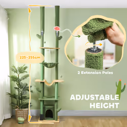 PawHut 225-255cm Floor to Ceiling Cat Tree w/ Hammocks, Cat House, Green
