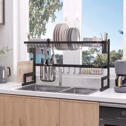 HOMCOM Over The Sink Dish Drainer Rack, 2-Tier Dish Rack for Kitchen, Black