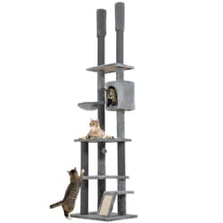 PawHut 225-255cm Floor to Ceiling Cat Tree for Indoor Cats w/ House, Ramp