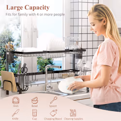 HOMCOM Over The Sink Dish Drainer Rack, 2 Tier Dish Rack for Kitchen, Black