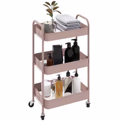 HOMCOM 3 Tier Rolling Utility Cart with 3 Mesh Basket, Pink