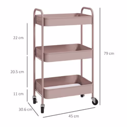 HOMCOM 3 Tier Rolling Utility Cart with 3 Mesh Basket, Pink