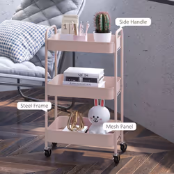 HOMCOM 3 Tier Rolling Utility Cart with 3 Mesh Basket, Pink - Additional view 5