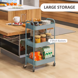 HOMCOM 3 Tier Rolling Utility Cart with 3 Mesh Basket, Light Blue