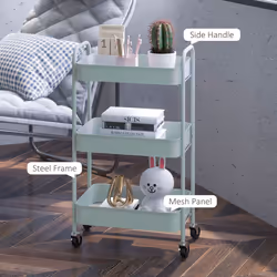 HOMCOM 3 Tier Rolling Utility Cart with 3 Mesh Basket, Light Blue - Additional view 5