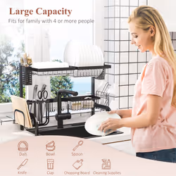 HOMCOM Over The Sink Dish Drainer Rack, 2 Tier Dish Rack for Kitchen, Black