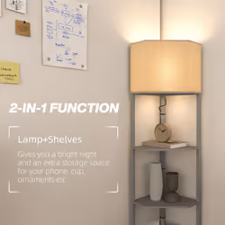 HOMCOM Corner Modern Floor Lamp with Shelves for Living Room, Bedroom, Grey