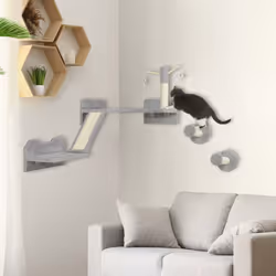PawHut 3-Piece Corner Design Cat Wall Shelves Furniture, Light Grey