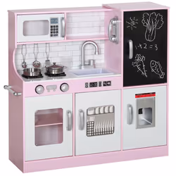 AIYAPLAY Play Kitchen, Pretend Toy Kitchen w/ Toy Phone, Chalkboard, Sink